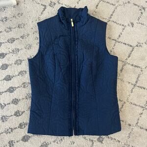 Womens Charter Club Navy Blue fullzip Vest size S Old money floral stitch detail